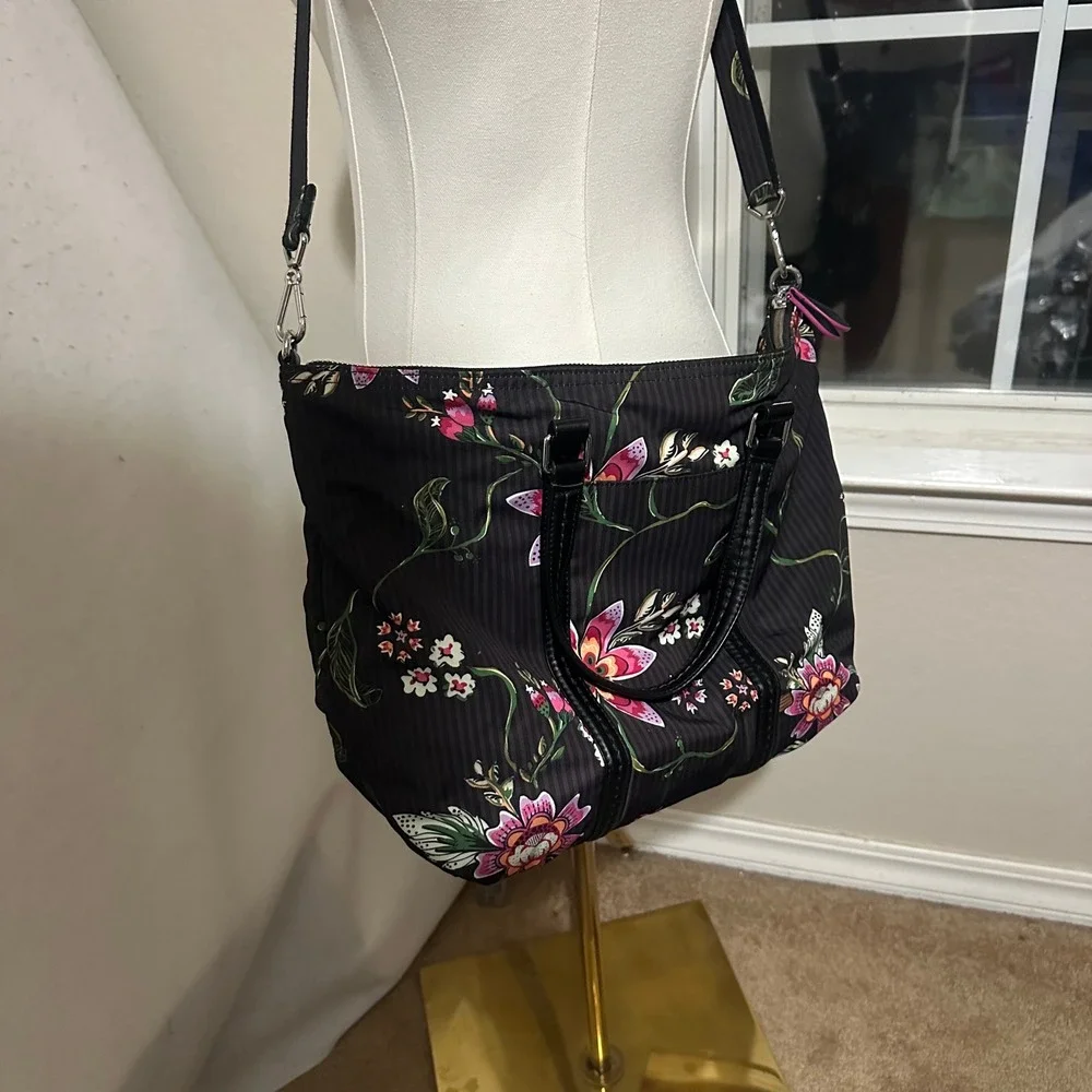 Vera Bradley Floral Pinstripe Crossbody Tote Bag Black Pink Purple Handbag